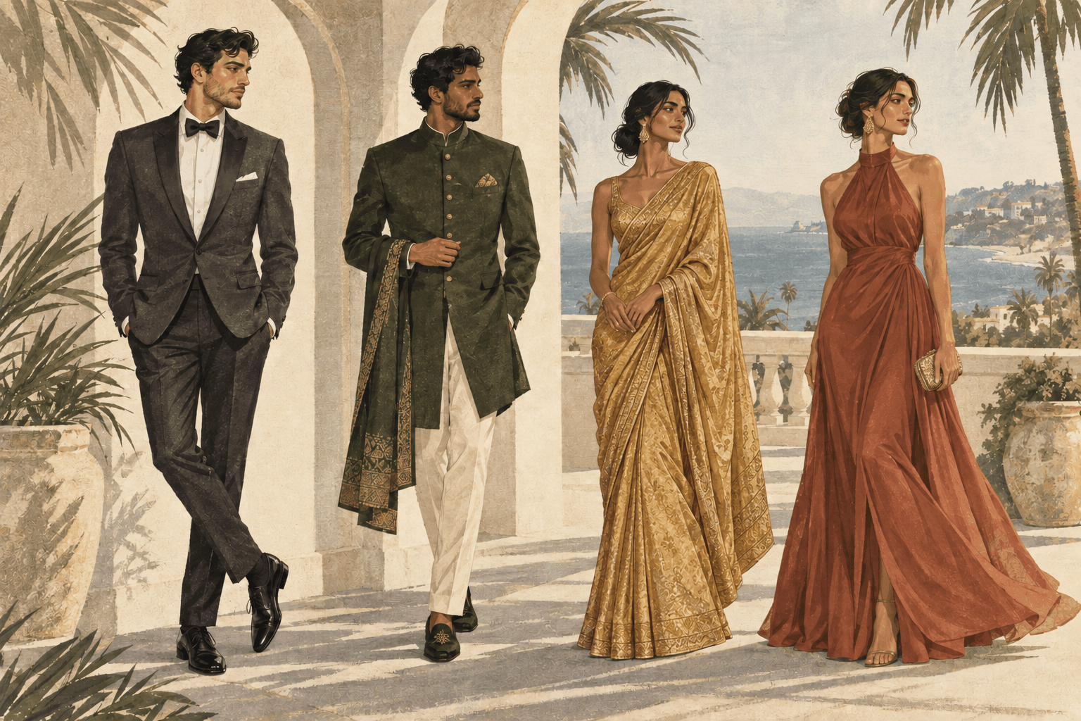 Fashion illustration showing a tuxedo, a deep green South Asian formal look, a gold sari, and a rust-colored gown