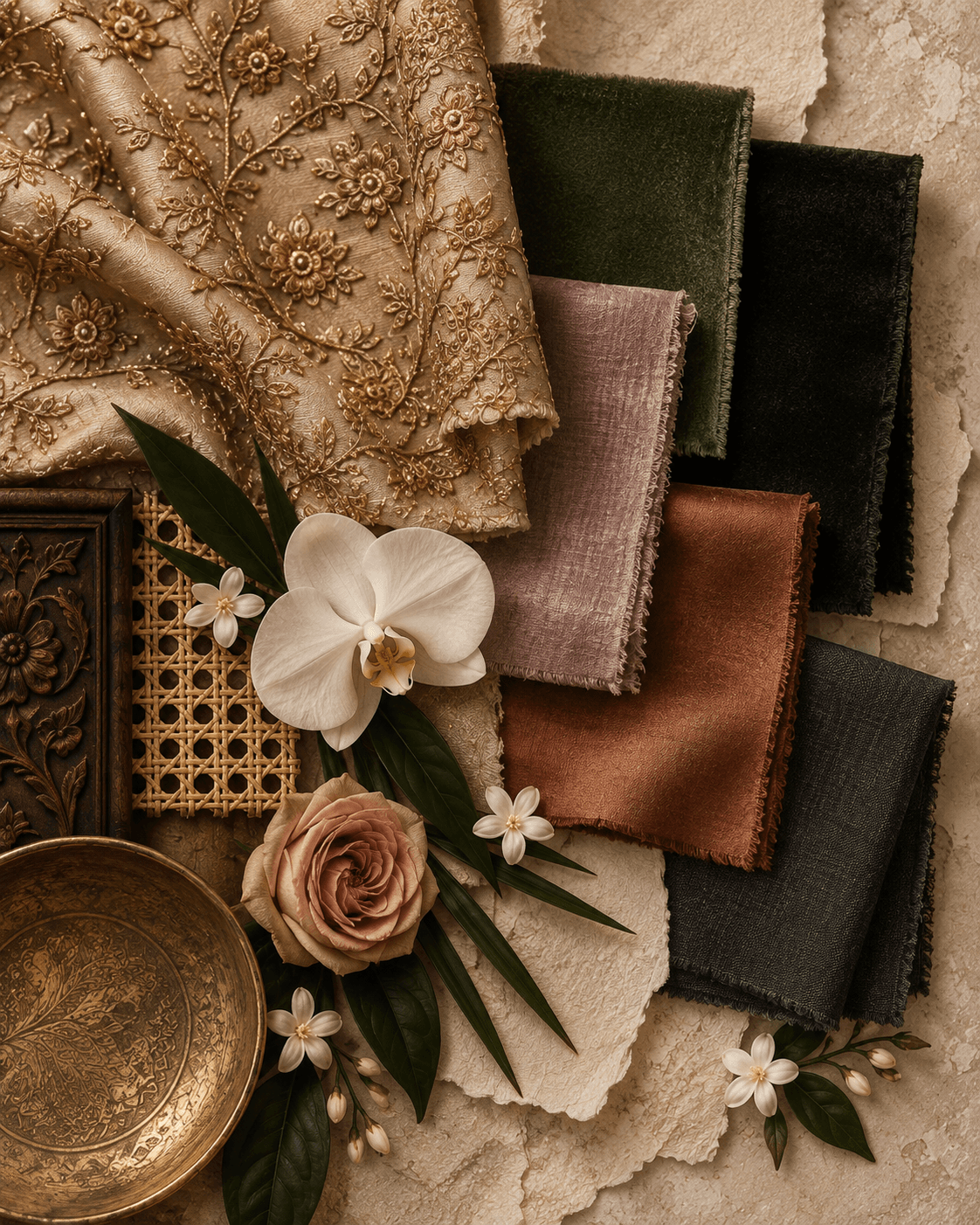 Embroidered champagne silk, forest velvet, plum and rust fabrics, carved wood, cane, brass, and flowers